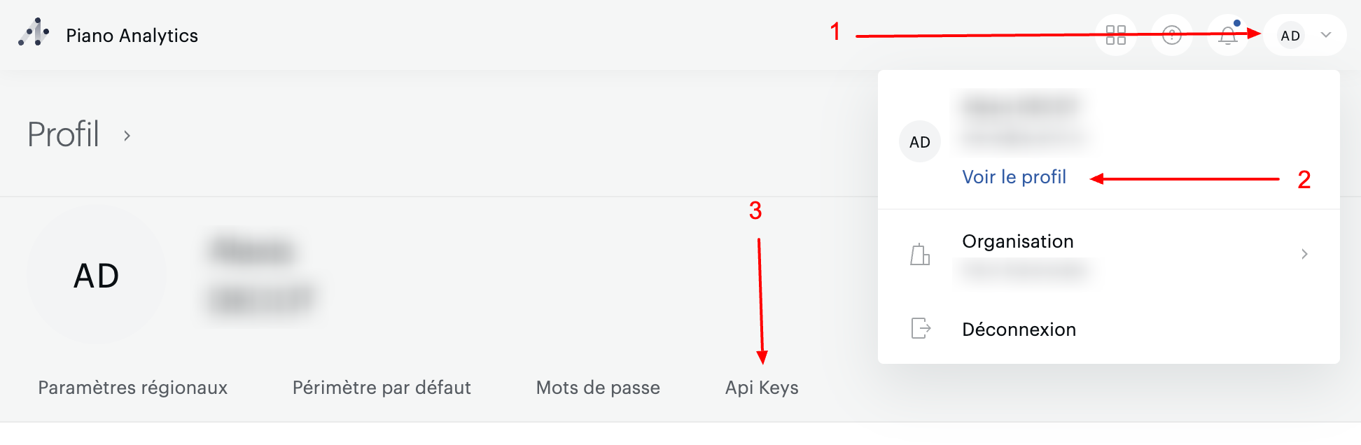 Access path to API keys on Piano interface