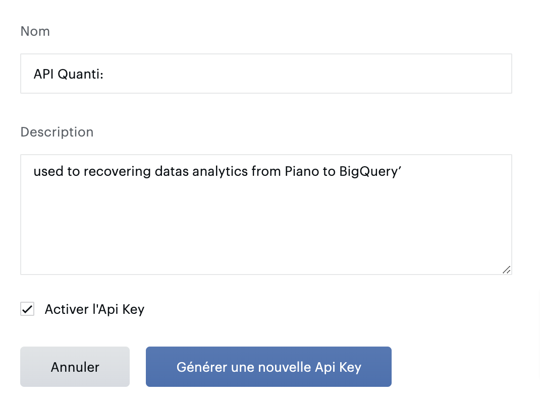 Description pop-in of API key in Piano interface