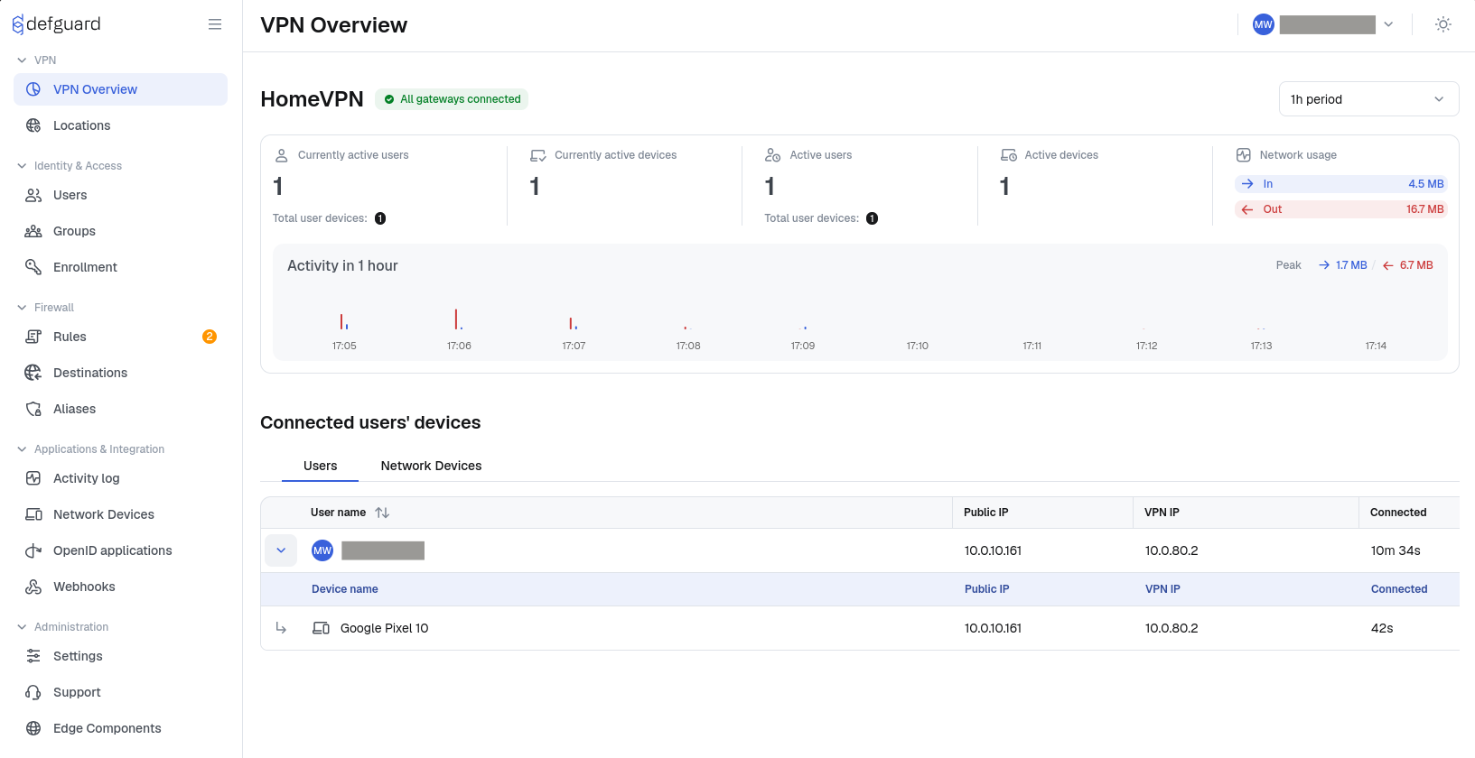 VPN Overview page showing a connected device