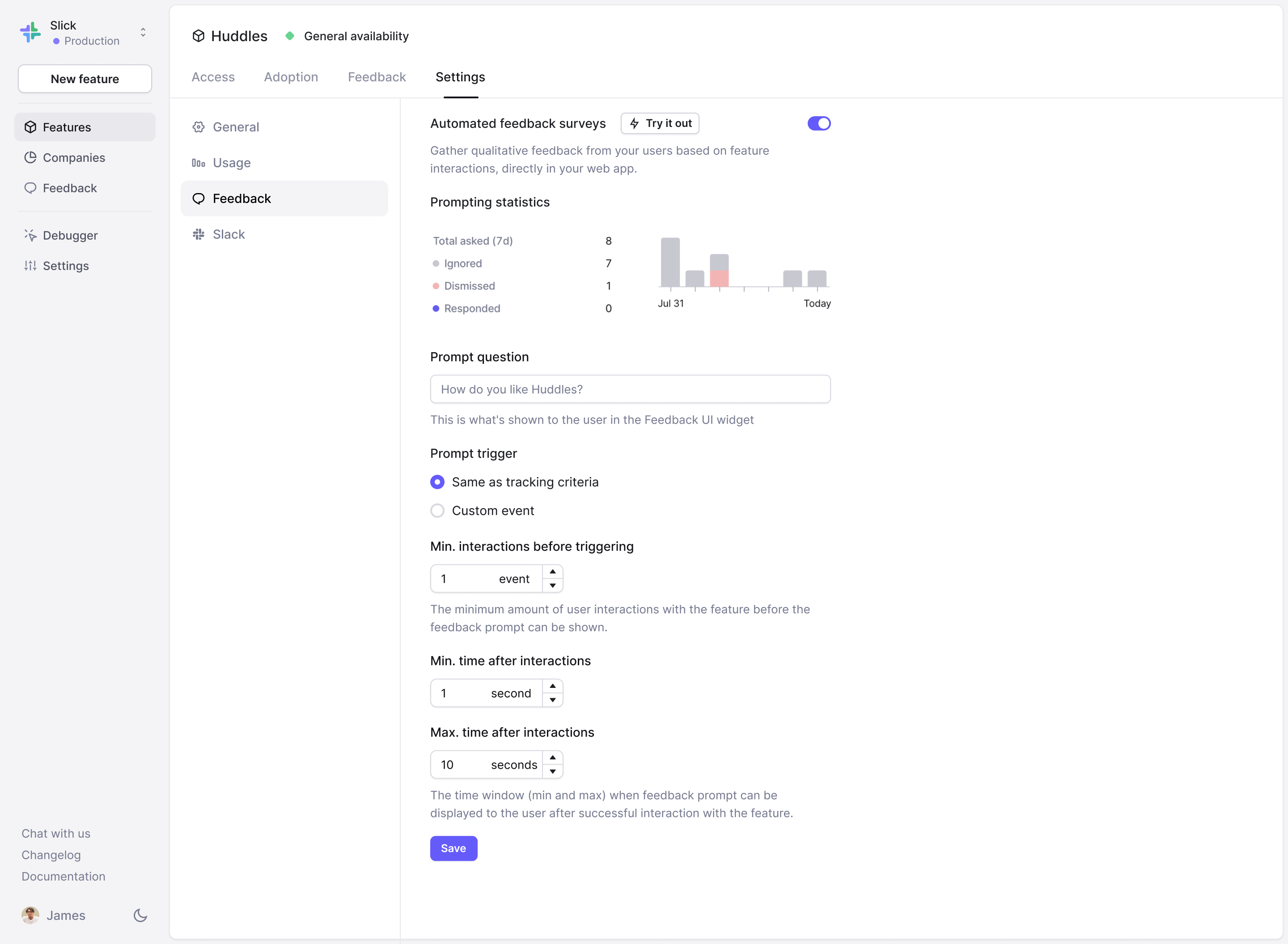 Automated feedback survey settings
