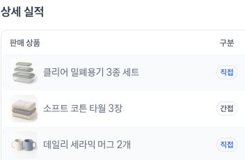 가상 상품별 실적 목록의 상품명과 직접·간접 구분을 보여주는 확대 영역