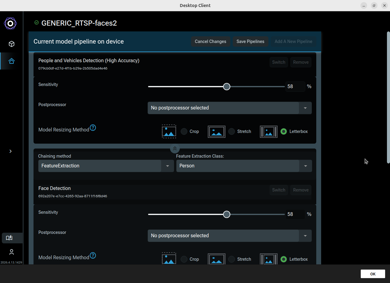 Device pipeline editor showing Cancel Changes and Save Pipelines buttons highlighted indicating unsaved changes