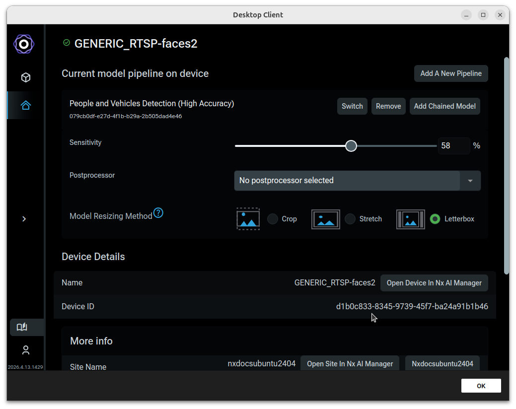 AI Manager pipeline panel showing People Detector model configured with
     sensitivity and postprocessor controls