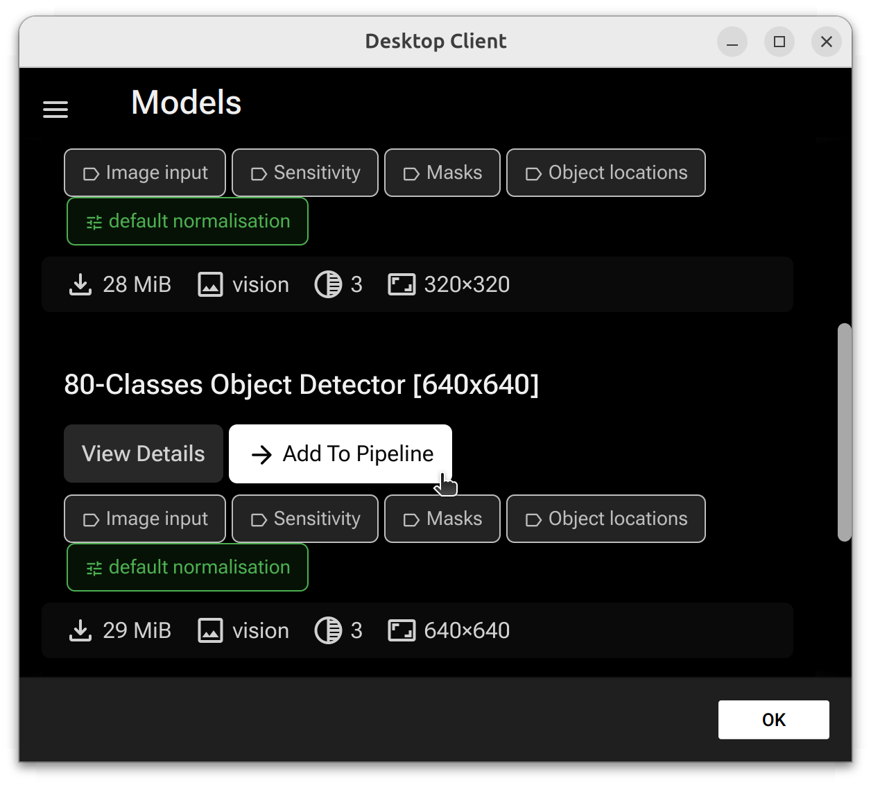 Model assignment popup showing the imported Edge Impulse model in the list