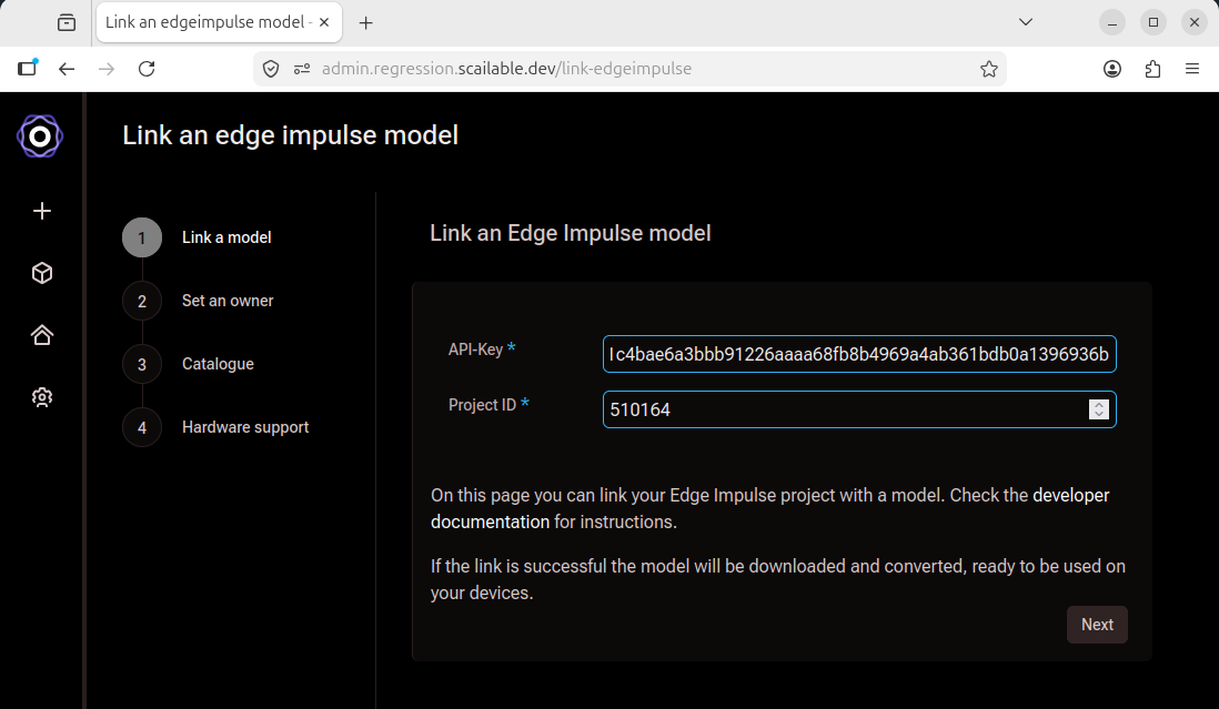 Link an edge impulse model wizard with API key and project ID filled in and the Next
     button active