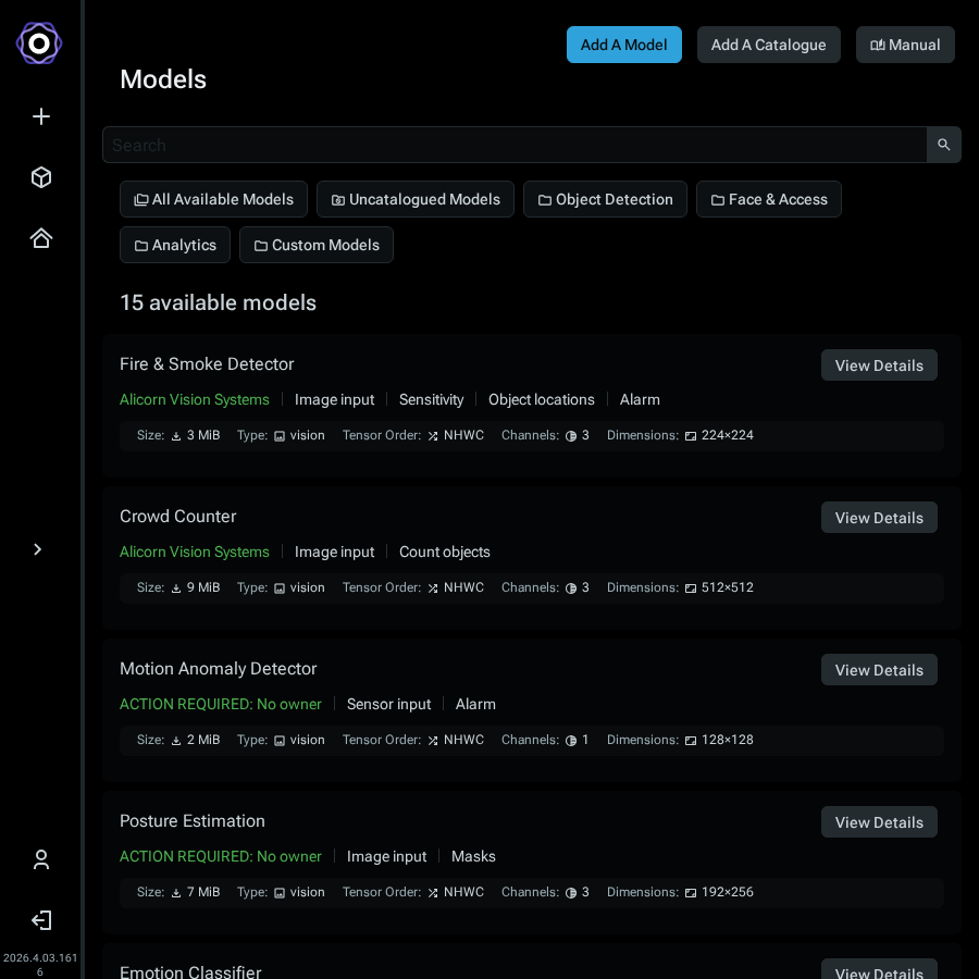 The AI Cloud model catalogue listing page showing available models including custom uploaded ones