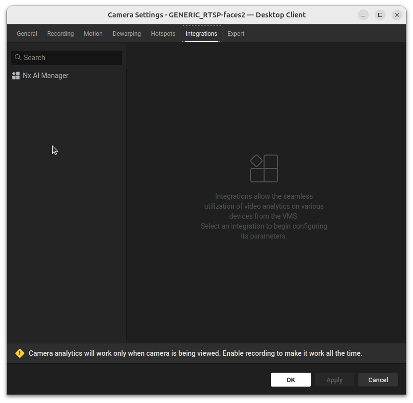 Camera Settings dialog with the Integrations tab selected, showing AI Manager in the list
