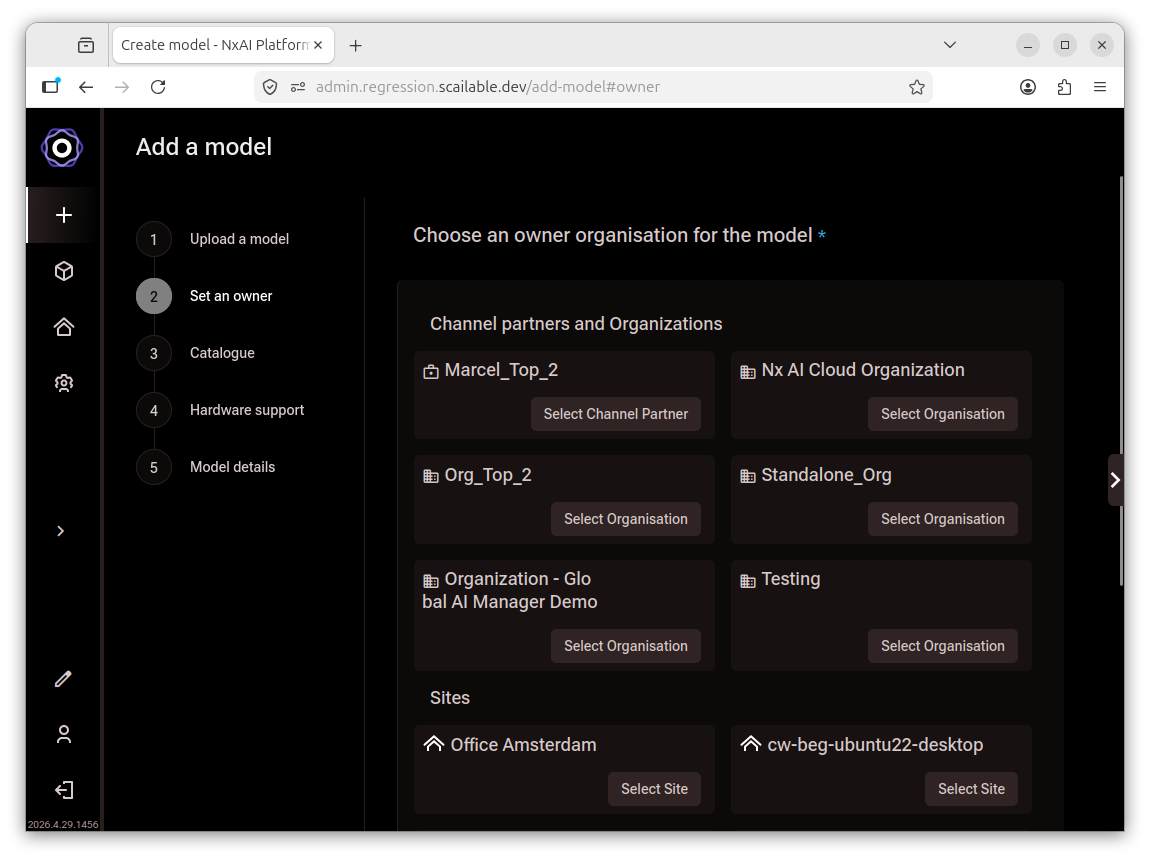 Add a model wizard showing a list of channel partners and organisations to choose from,
       each with a Select button