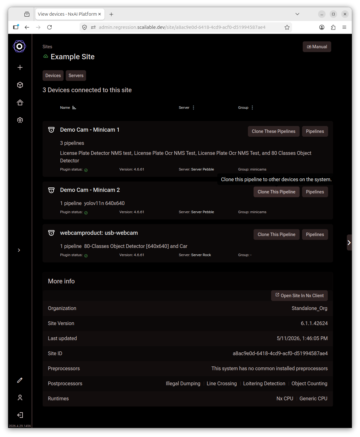 Site devices list with Clone This Pipeline button visible on hover next to a device
     row, with a tooltip reading Clone this pipeline to other devices on the system