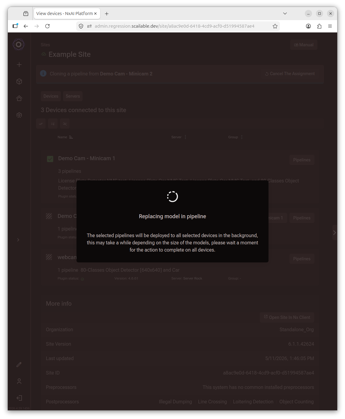 Replacing model in pipeline dialog with a spinner and a message that the selected
     pipelines will be deployed to all selected devices in the background