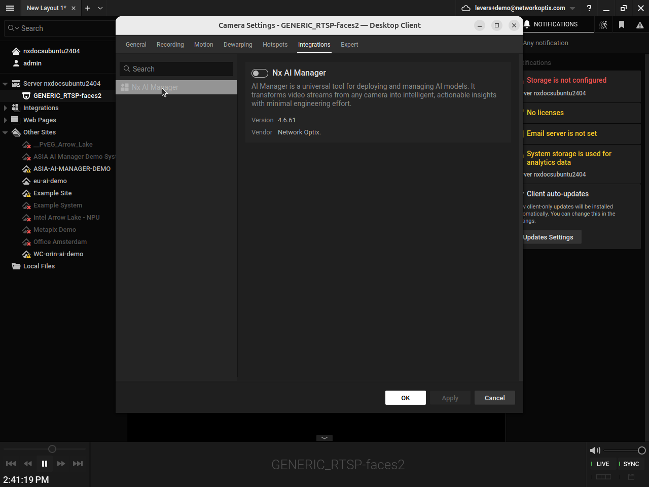 Camera Settings Integrations tab showing the AI Manager toggle in the off position