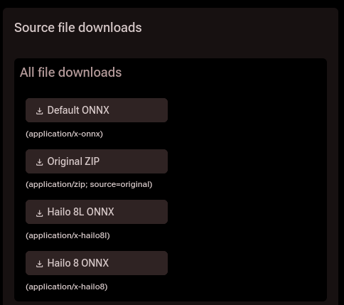 Model detail page showing available artifact download types: Default ONNX, Original ZIP,
     Hailo 8L ONNX, and Hailo 8 ONNX