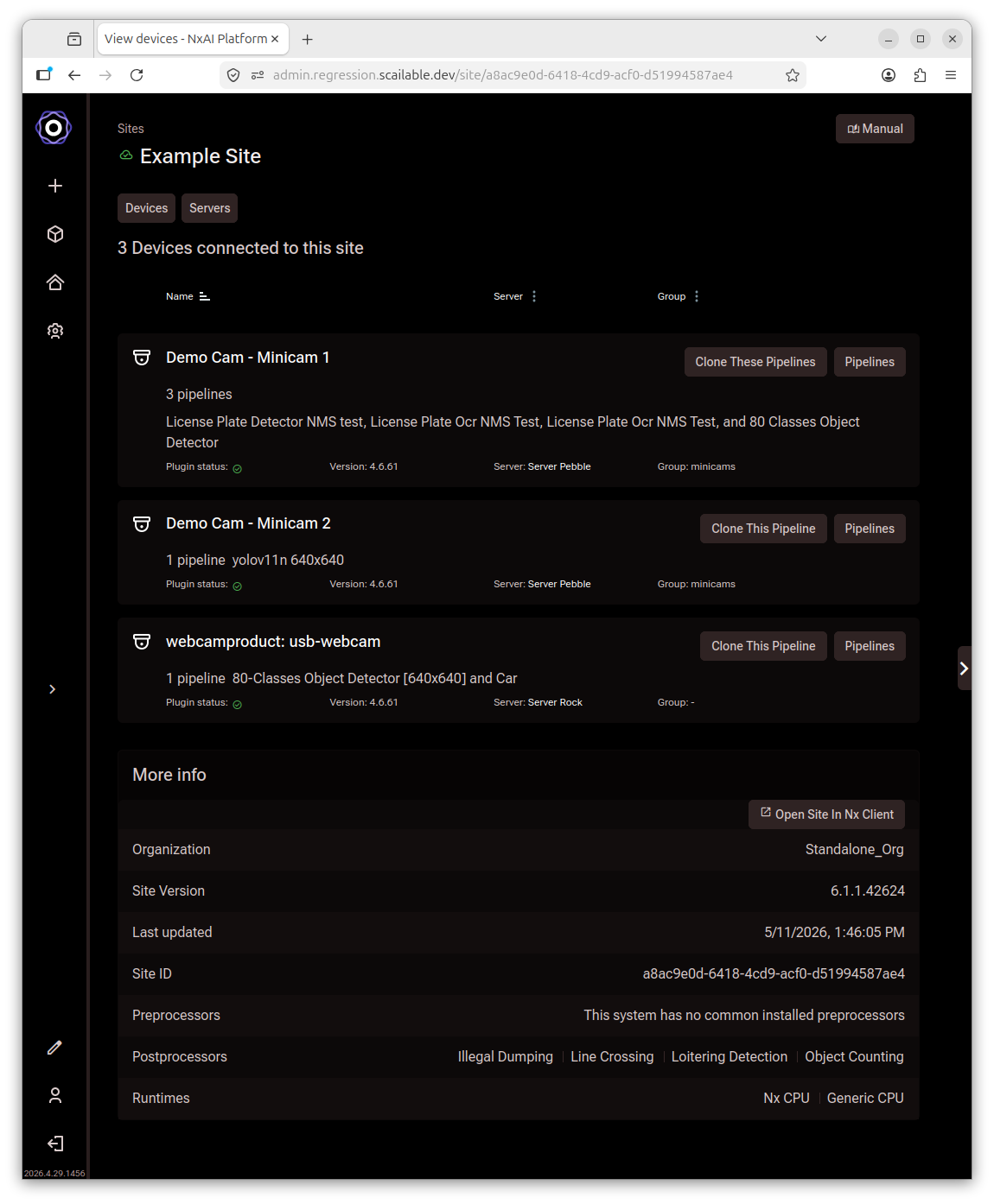 A site's device list showing three cameras with their assigned model pipelines and
     Clone This Pipeline buttons