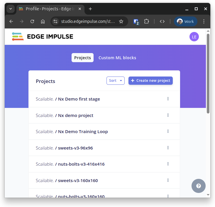 Edge Impulse platform showing a new project with dataset, impulse, and model training tabs
