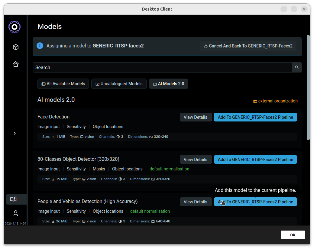 Models catalogue showing available AI models with View Details and Add To Pipeline buttons, with an Assigning a model to device banner at the top