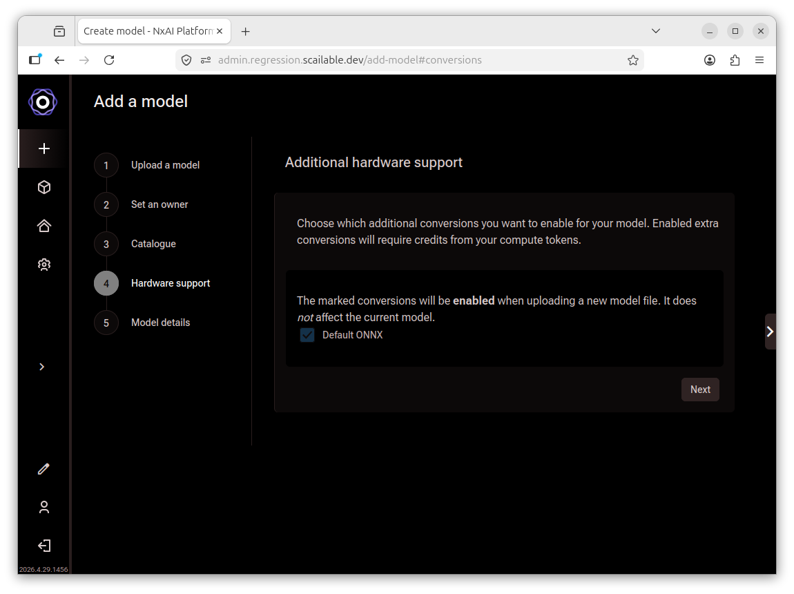 Add a model wizard showing the Additional hardware support step with Default ONNX
       checked and a note that enabled conversions will require compute tokens