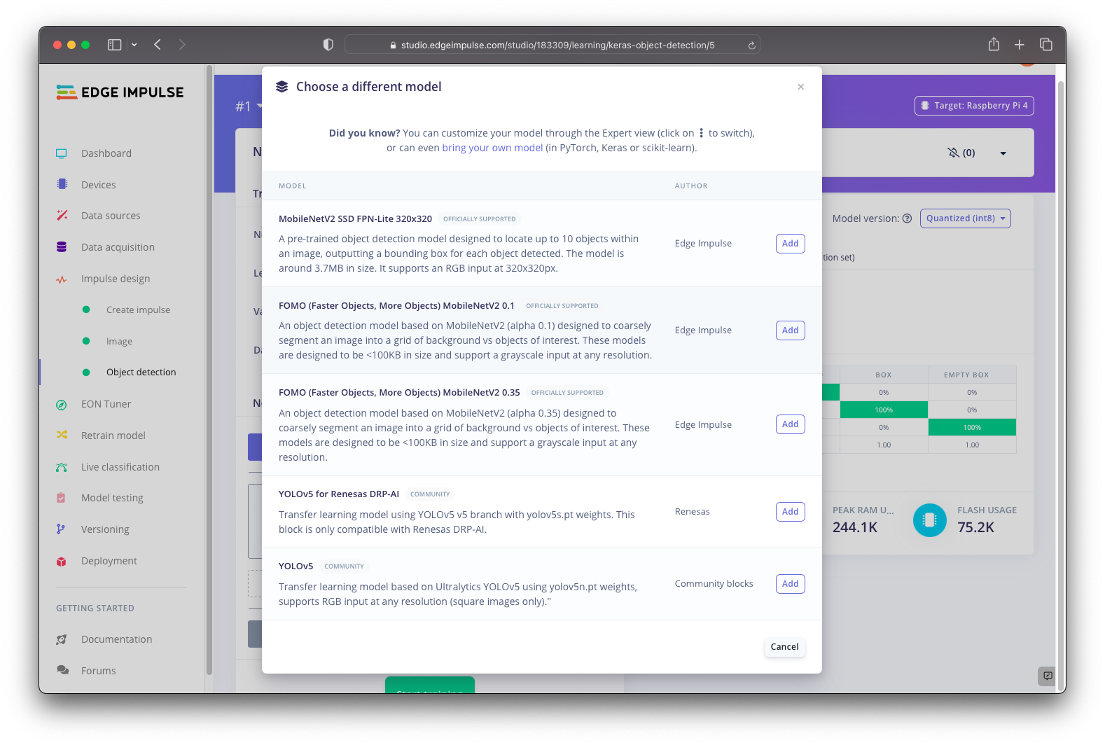 Edge Impulse model selection screen showing FOMO MobileNetV2 and YOLOv5 options