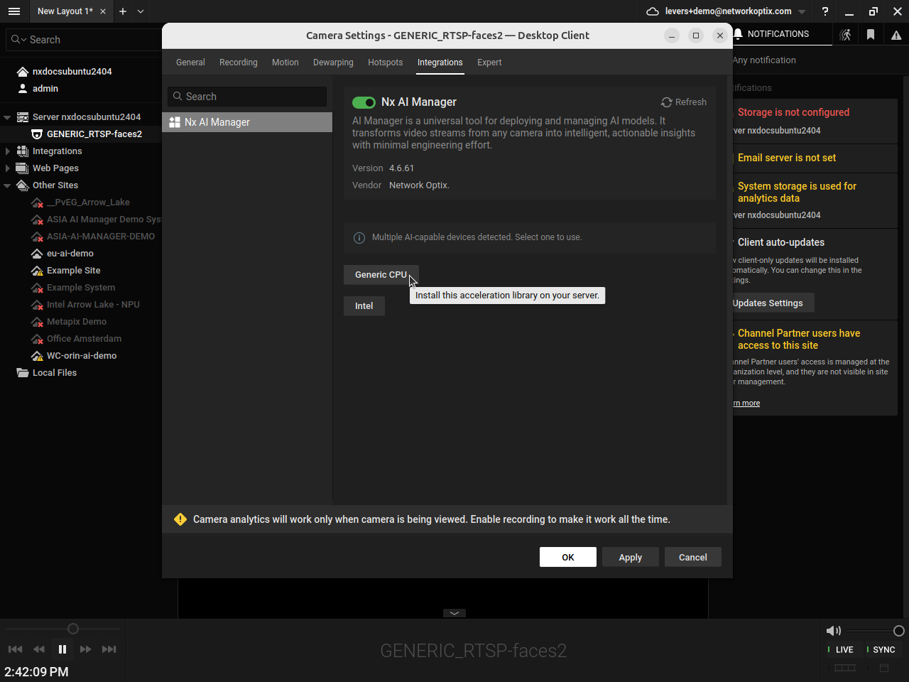 AI Manager Integrations tab showing two runtime entries: Generic CPU and Intel, with a tooltip explaining that the Intel library must be installed on the server