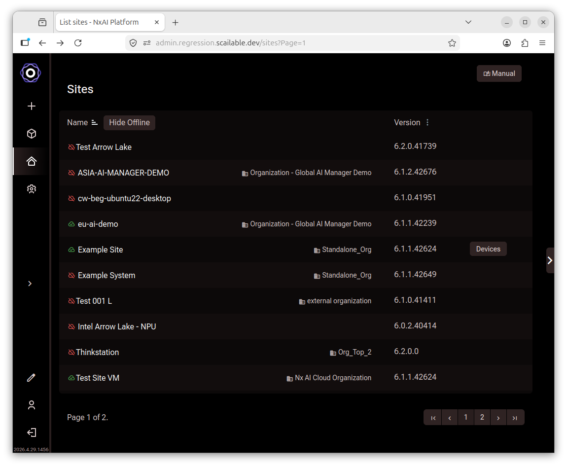 AI Cloud sites listing page showing multiple sites with green online and red offline
     status indicators, version numbers, and a Hide Offline toggle
