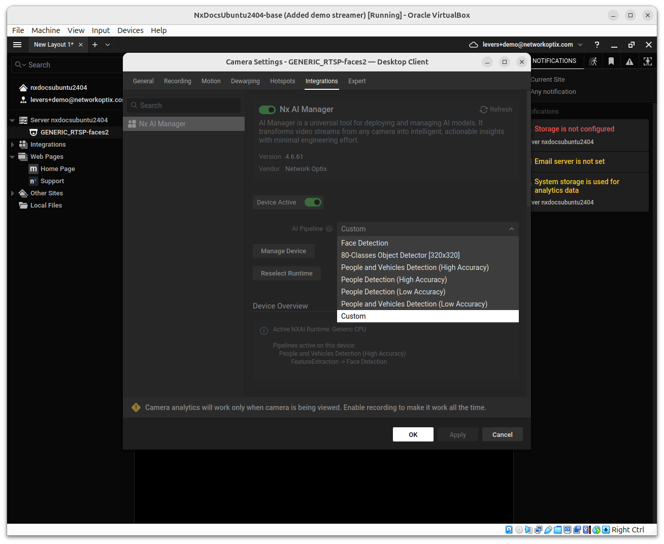 Camera Settings Integrations tab showing the AI Manager active with the AI Pipeline dropdown open showing available pipelines