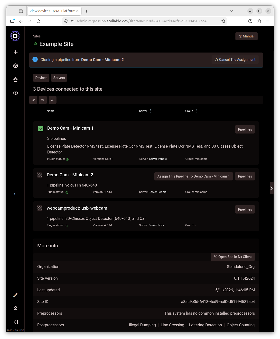 Site devices list with a Cloning a pipeline from Demo Cam - Minicam 2 banner at the
     top and a checkbox selected on the target device row