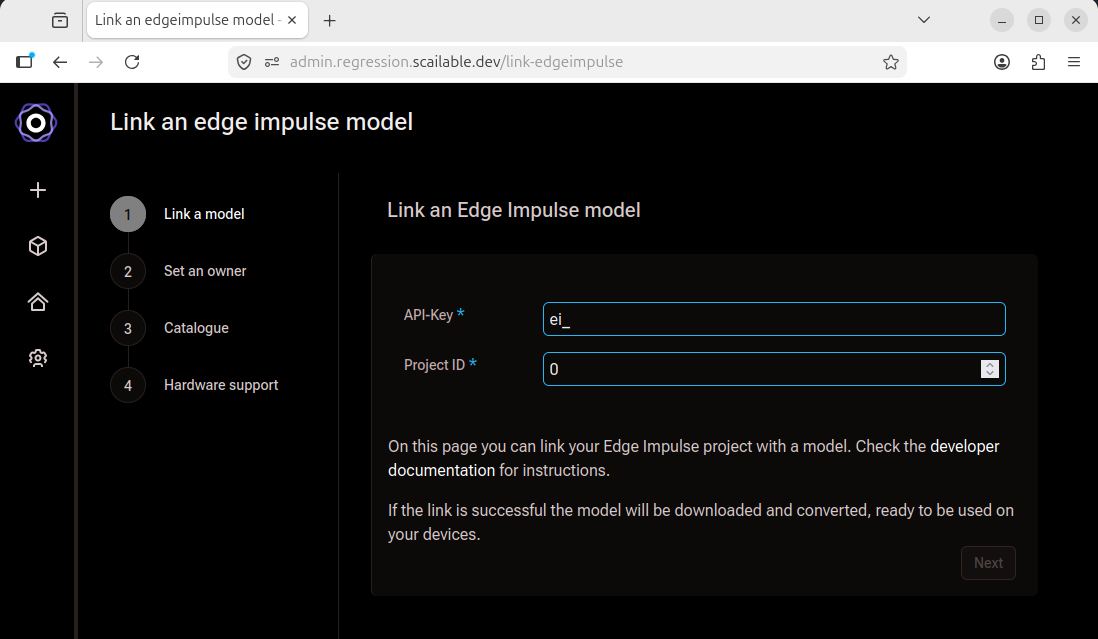 Link an edge impulse model wizard showing step 1 with empty API-Key and Project ID
     fields