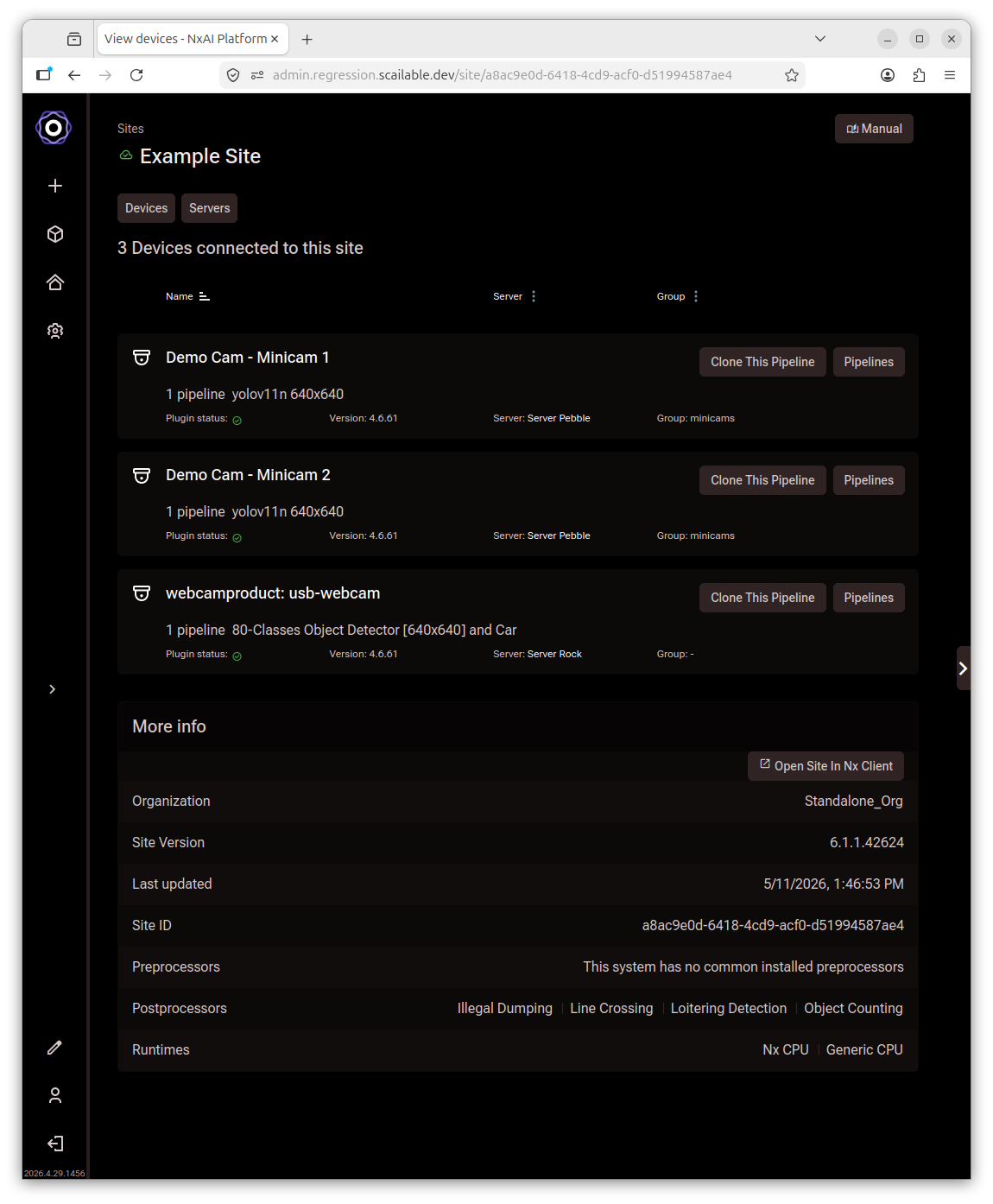 Site devices list showing all three devices now have the same pipeline assigned and
     Clone This Pipeline buttons visible on each row