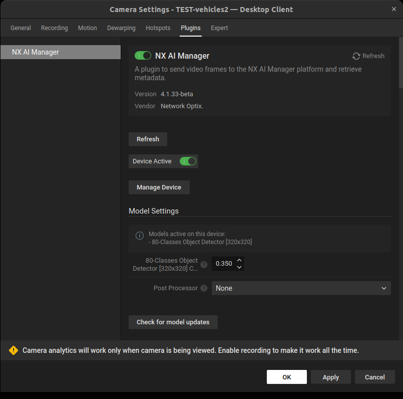 AI Manager plugin interface after Hailo runtime installation showing active pipeline configuration