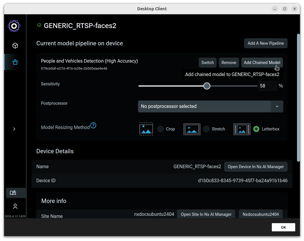 AI Manager device panel showing the Add Chained Model button highlighted with a tooltip