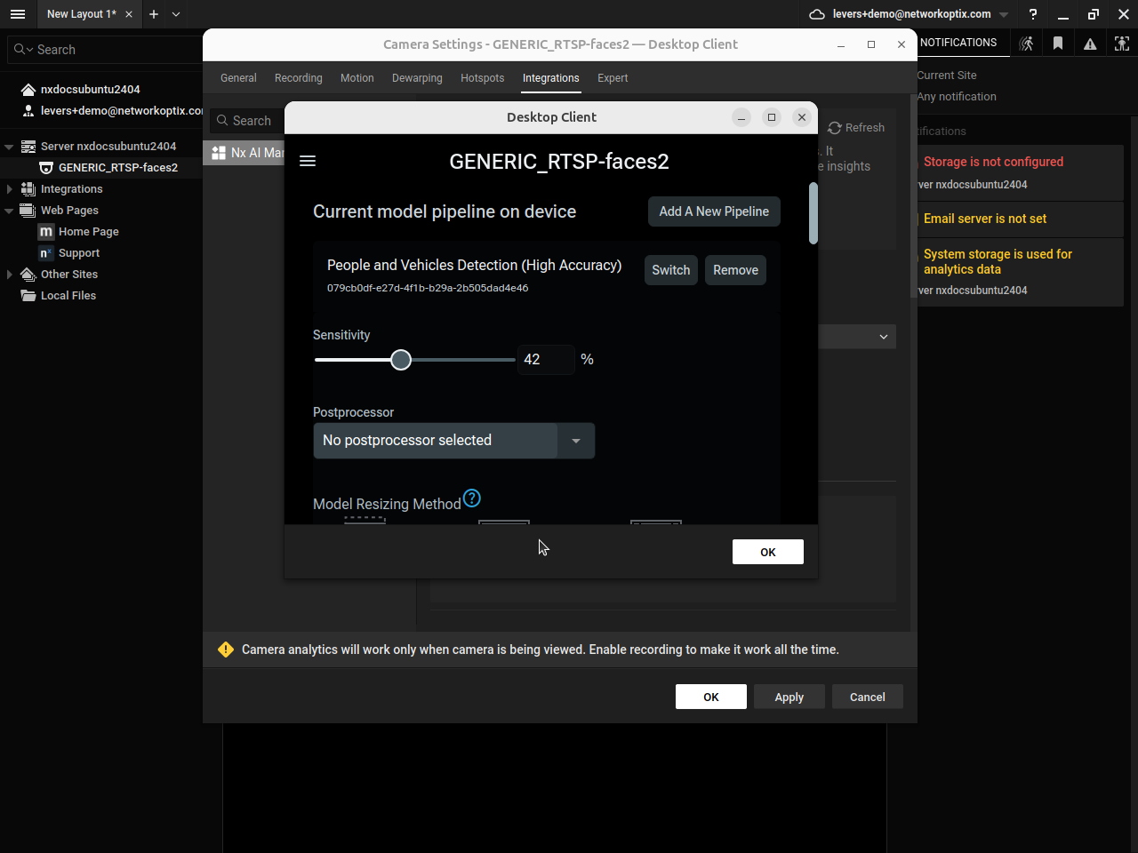 AI Manager device panel opened from the Manage Device button, showing the current model pipeline on device with pipeline settings