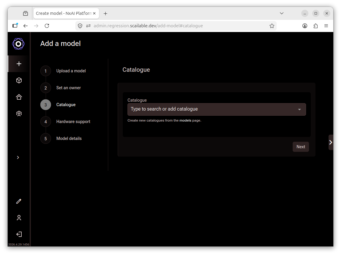 Add a model wizard showing the Catalogue step with an empty search field and a note
       that new catalogues can be created from the models page