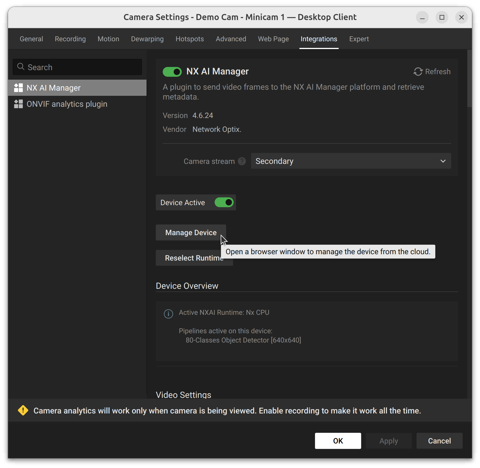 Camera Settings Integrations tab showing the Manage device button hover state