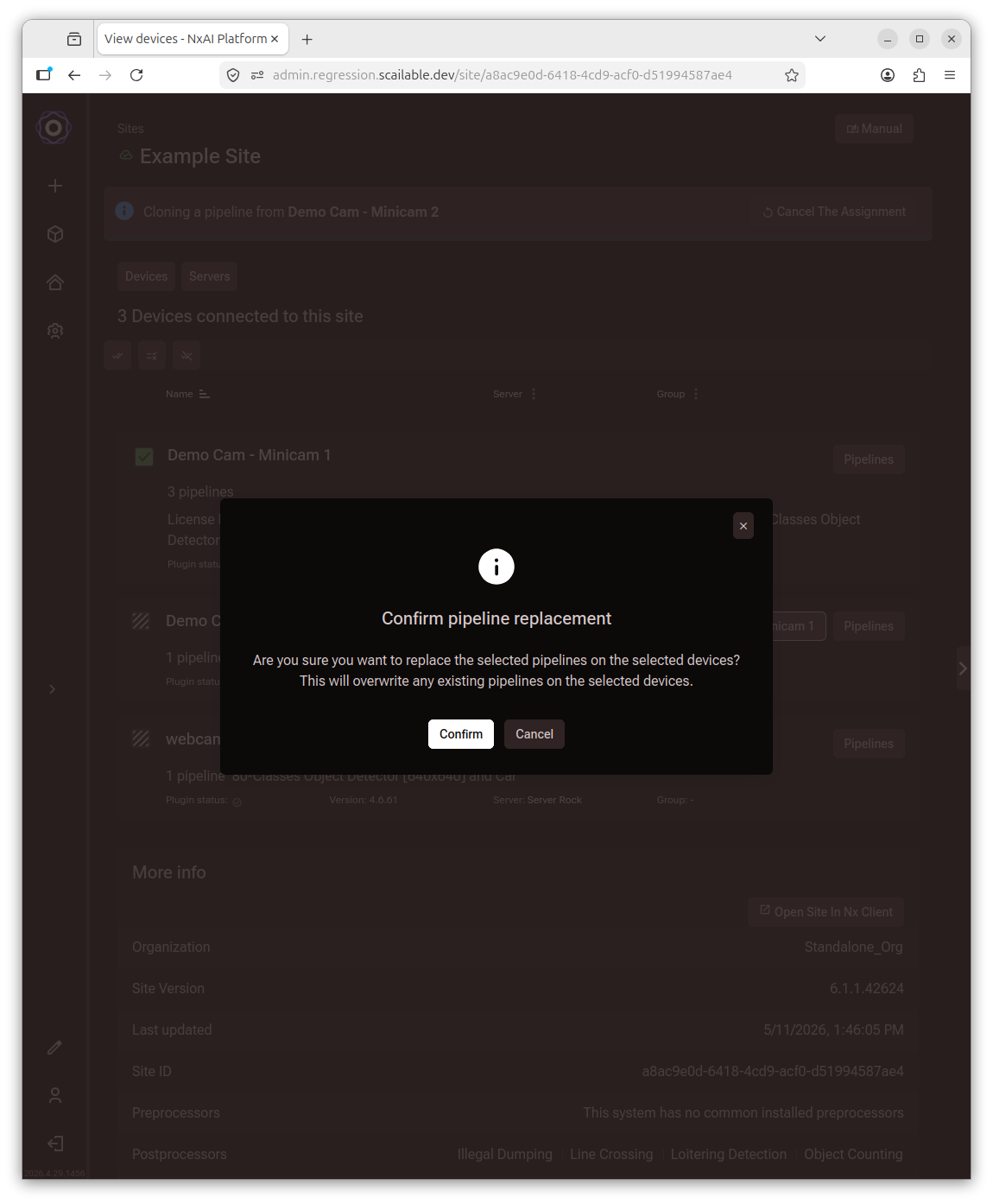 Confirm pipeline replacement dialog asking if you are sure you want to replace the
     selected pipelines, with Confirm and Cancel buttons