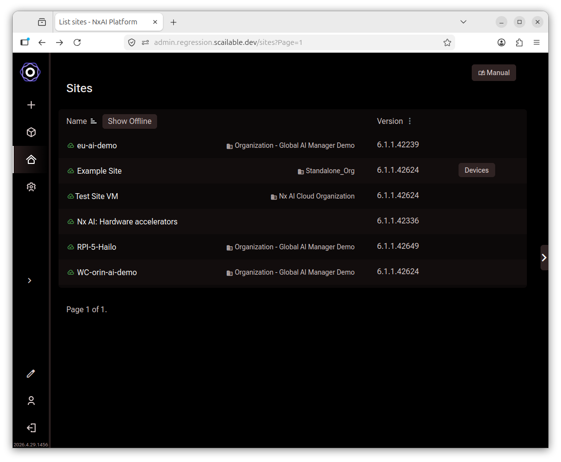 AI Cloud sites listing page showing only online sites with green status indicators
     and a Show Offline toggle