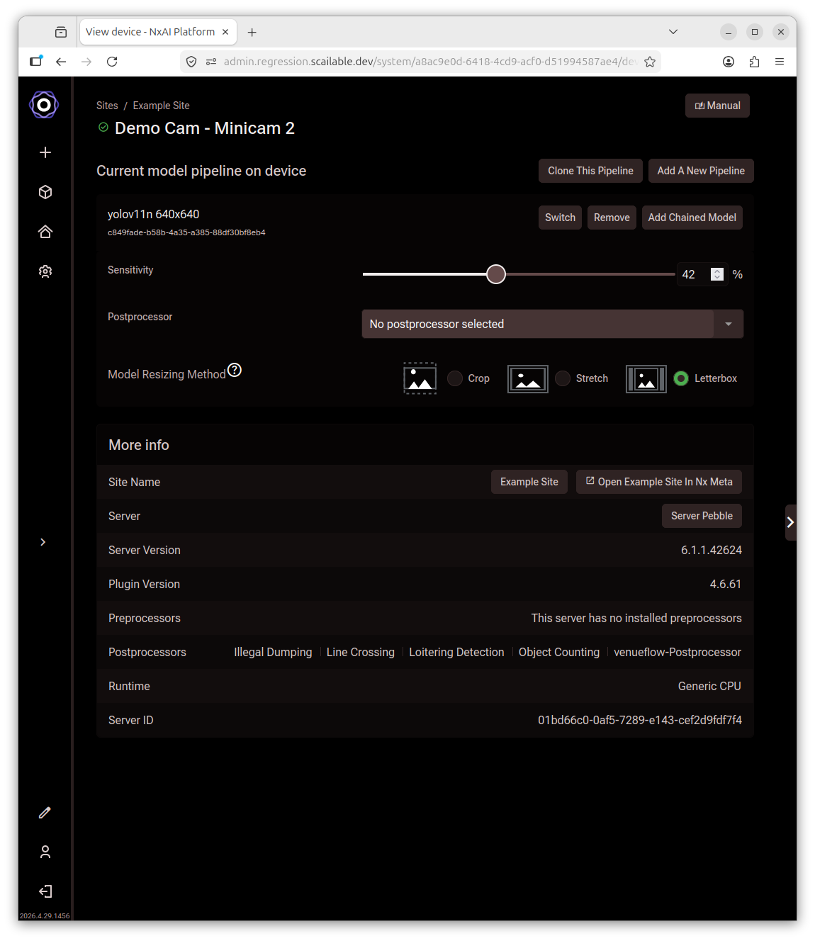 Device detail page showing the current model pipeline with Add A New Pipeline, Switch,
     Remove, and Add Chained Model buttons, plus sensitivity and postprocessor controls