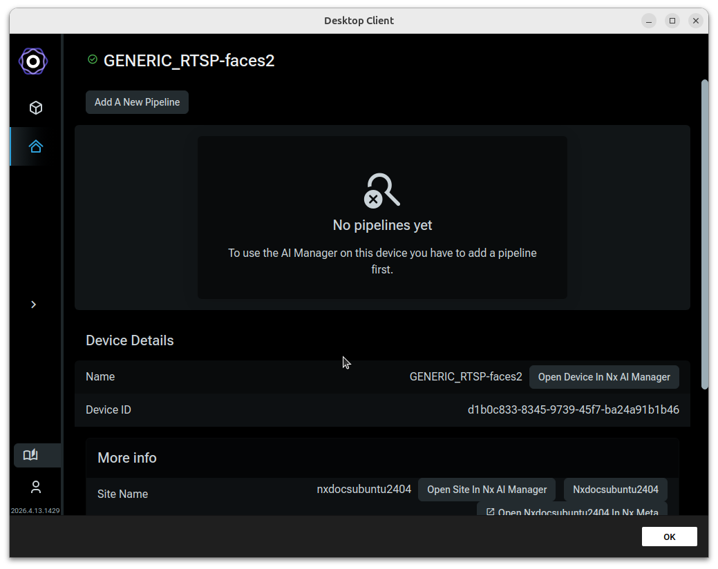 AI Manager device panel showing no pipelines configured, with an Add A New Pipeline button