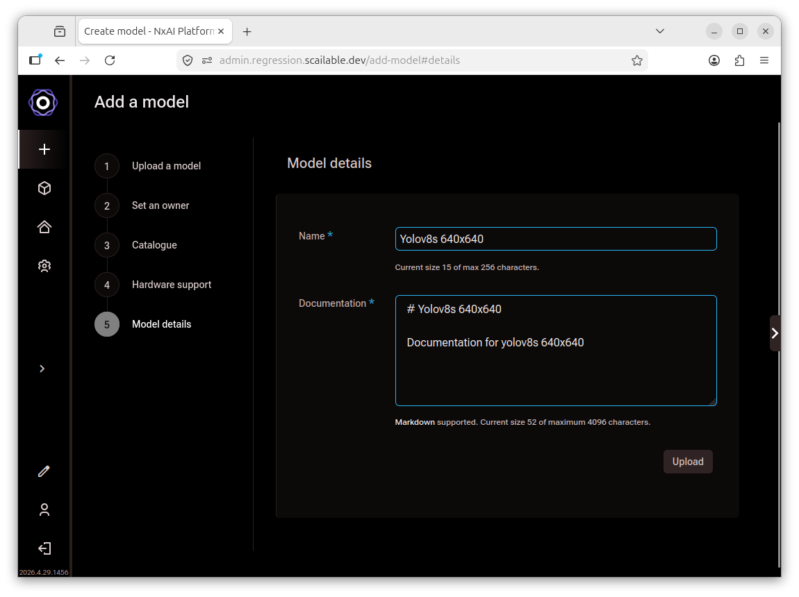 Add a model wizard showing the Model details step with Name and Documentation fields
       filled in, and an Upload button at the bottom