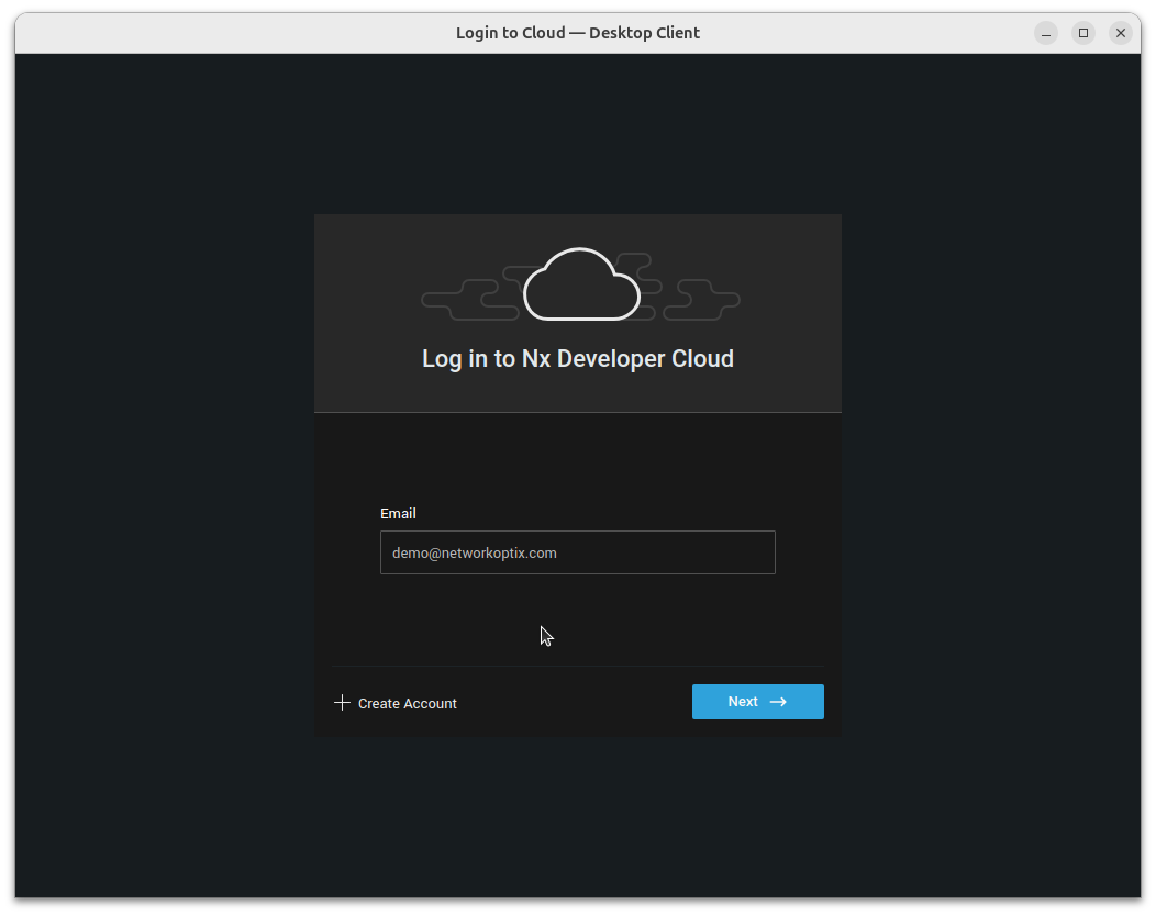 Log in to Nx Developer Cloud dialog showing email input field in the Desktop Client