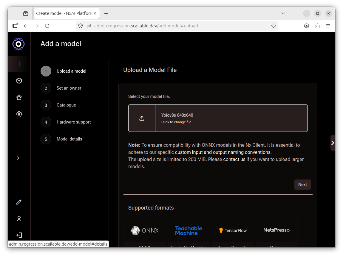 Add a model wizard with a model file selected, showing the filename and a Click to
       change file link