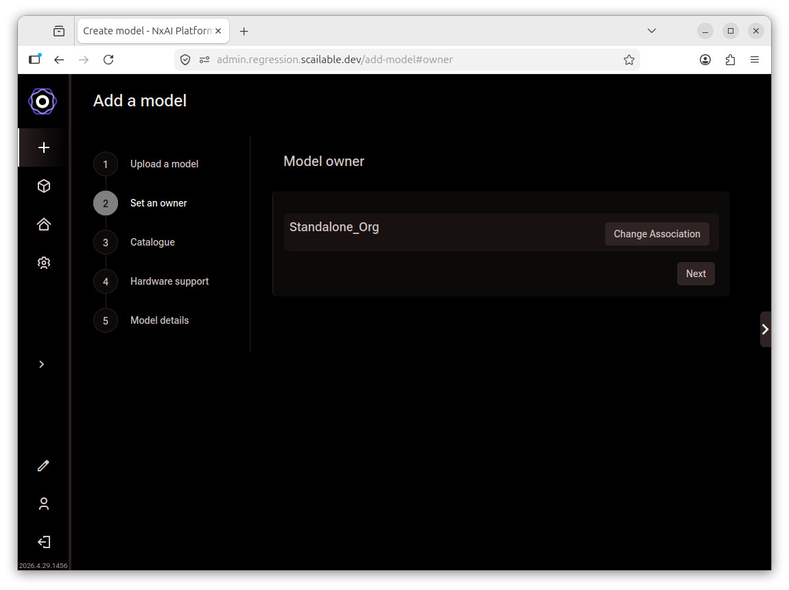 Add a model wizard with a single organisation pre-selected and a Change Association
       button