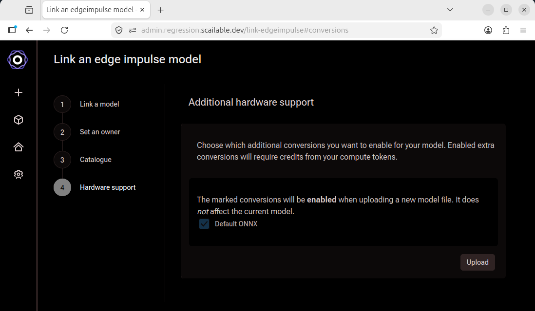 Link an edge impulse model wizard showing step 4 Additional hardware support with
     Default ONNX checked