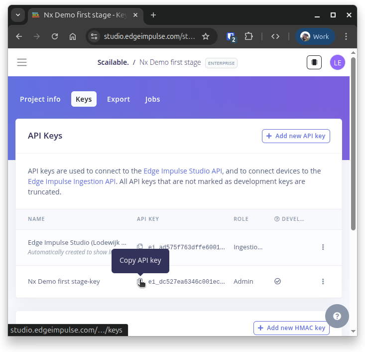 Edge Impulse dashboard showing the API Keys tab with the Copy button next to the API
     key