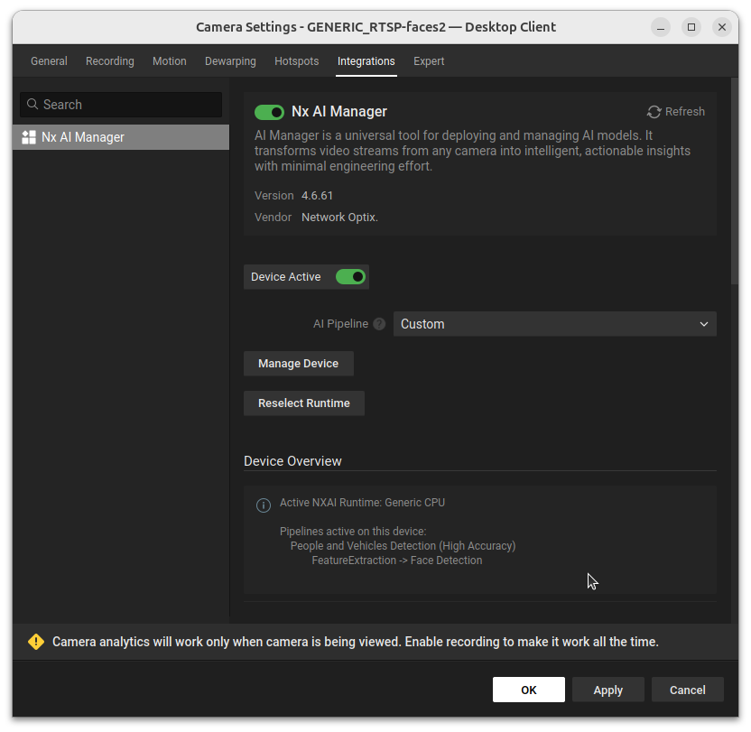 Camera Settings Integrations tab showing the plugin active with AI Pipeline set, Device Active toggle on, and Device Overview listing active pipelines