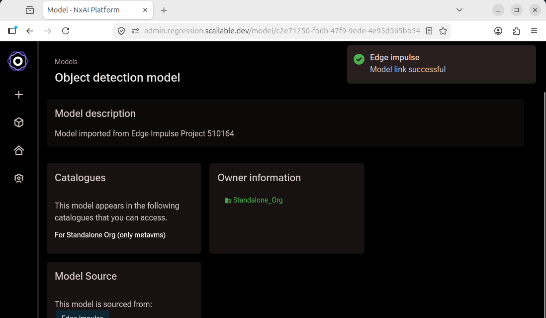 Model detail page showing the Edge impulse Model link successful notification and the
     model name, description, catalogue, and owner information