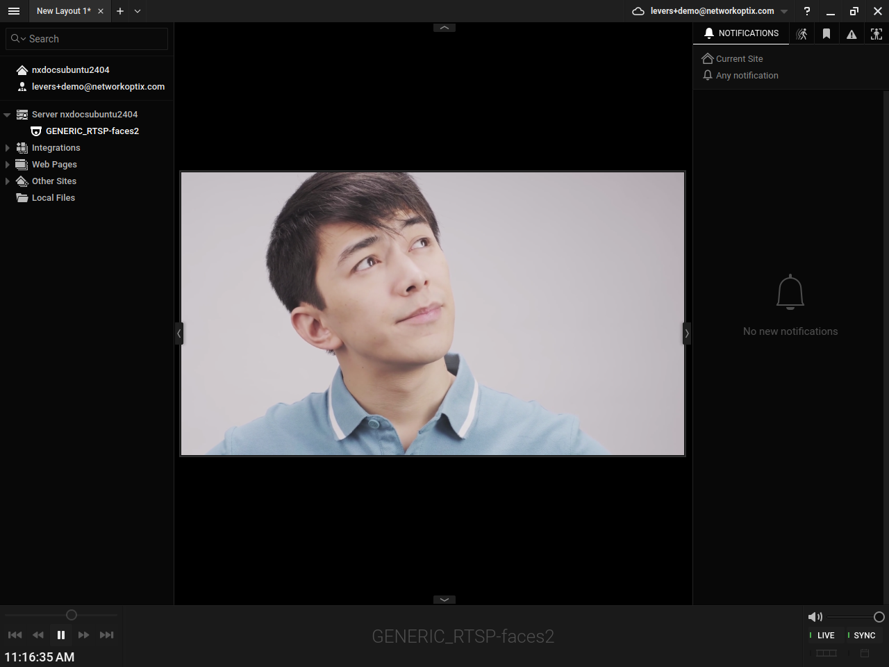 Nx Client with a non-Objects tab active — no bounding boxes visible despite an AI model running