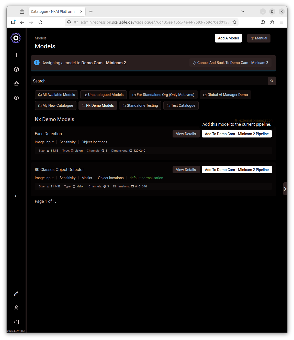 The model catalogue listing page showing available AI models with their descriptions and runtime compatibility