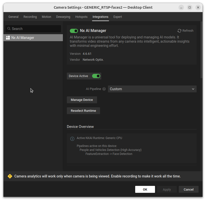 Plugin settings showing AI Pipeline set to Custom with Manage Device and Reselect Runtime buttons, and Device Overview showing the active pipeline summary