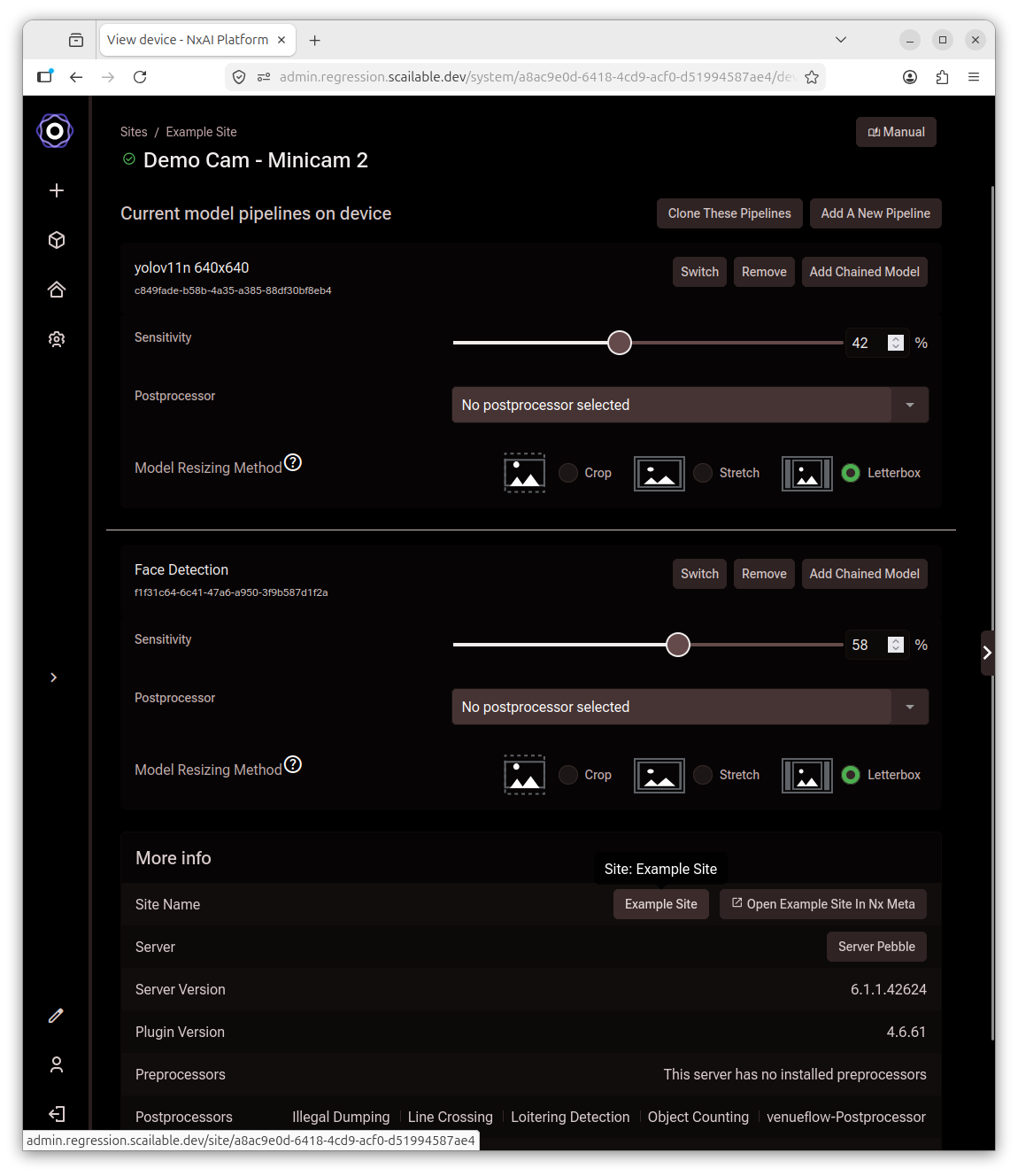 The model detail page showing model information and the list of devices it is currently deployed to