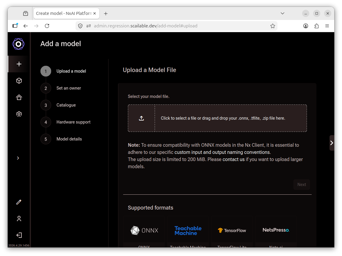 Add a model wizard showing the Upload a Model File step with a drag-and-drop area and
       supported format icons below