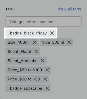 Showing an example of how the product tag should look in order to show a custom badge
